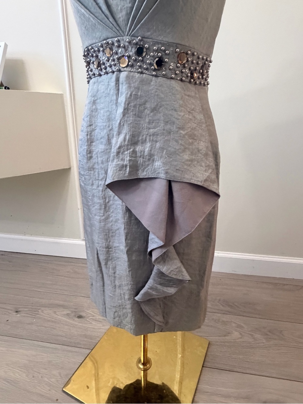 Adrianna Papell Silver Midi Dress with Lilac Ruffle & Jeweled Waistband - Picture 6 of 13